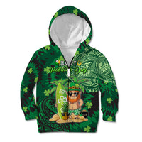 Personalised Hawaii St.Patrick Day Kid Hoodie Surfing Leprechaun LT05 Zip Hoodie Green - Polynesian Pride