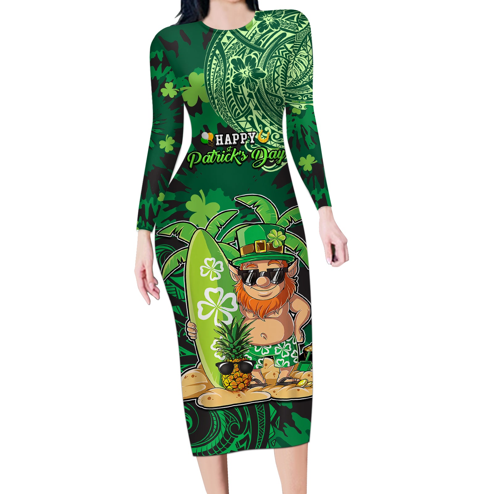 Personalised Hawaii St.Patrick Day Long Sleeve Bodycon Dress Surfing Leprechaun LT05 Long Dress Green - Polynesian Pride