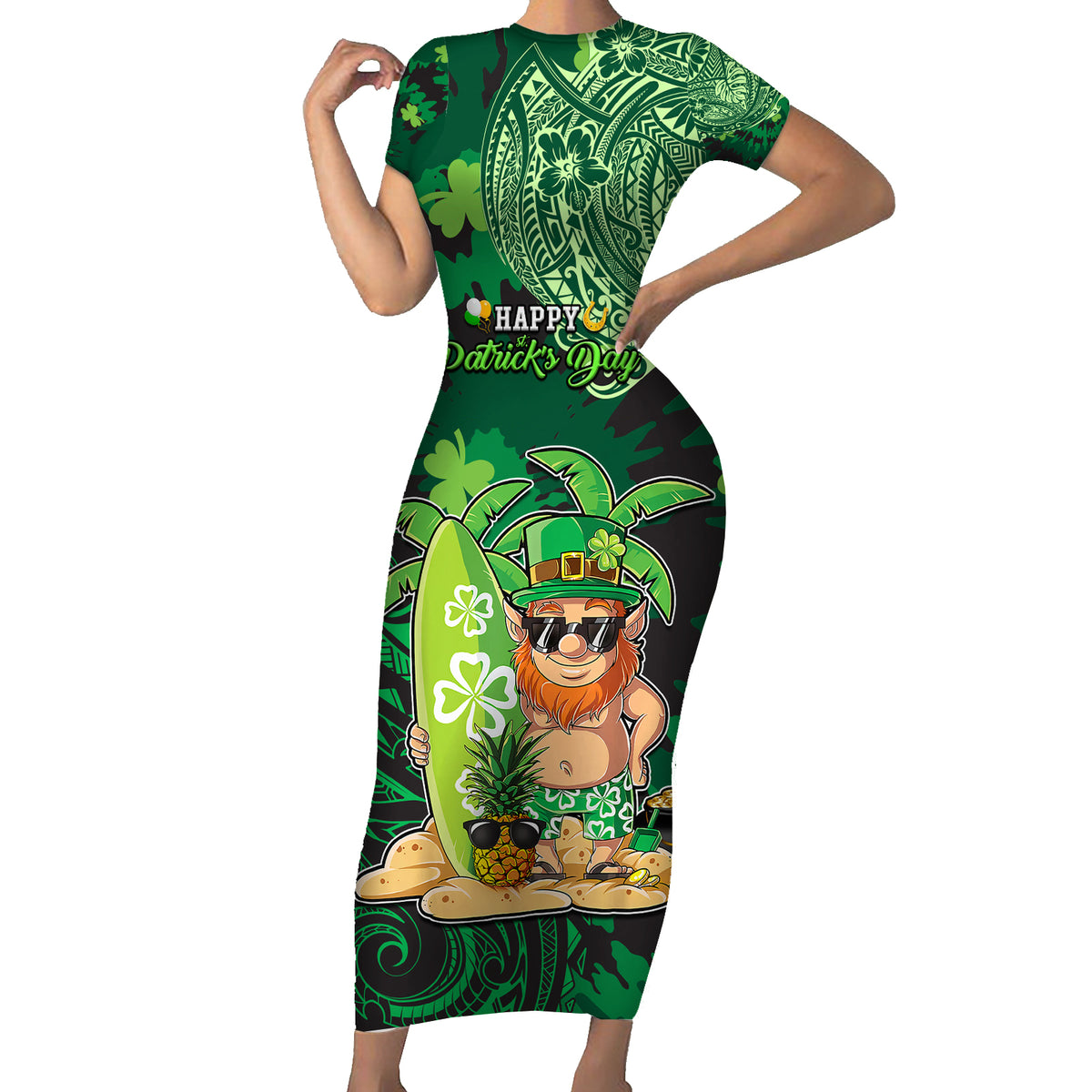 Personalised Hawaii St.Patrick Day Short Sleeve Bodycon Dress Surfing Leprechaun LT05 Long Dress Green - Polynesian Pride