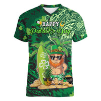 Personalised Hawaii St.Patrick Day Women V Neck T Shirt Surfing Leprechaun LT05 Female Green - Polynesian Pride