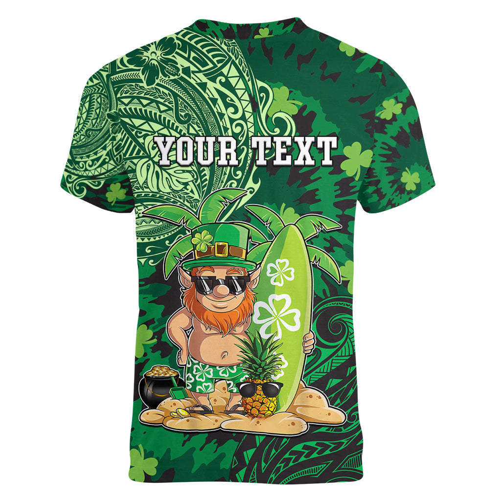 Personalised Hawaii St.Patrick Day Women V Neck T Shirt Surfing Leprechaun LT05 - Polynesian Pride