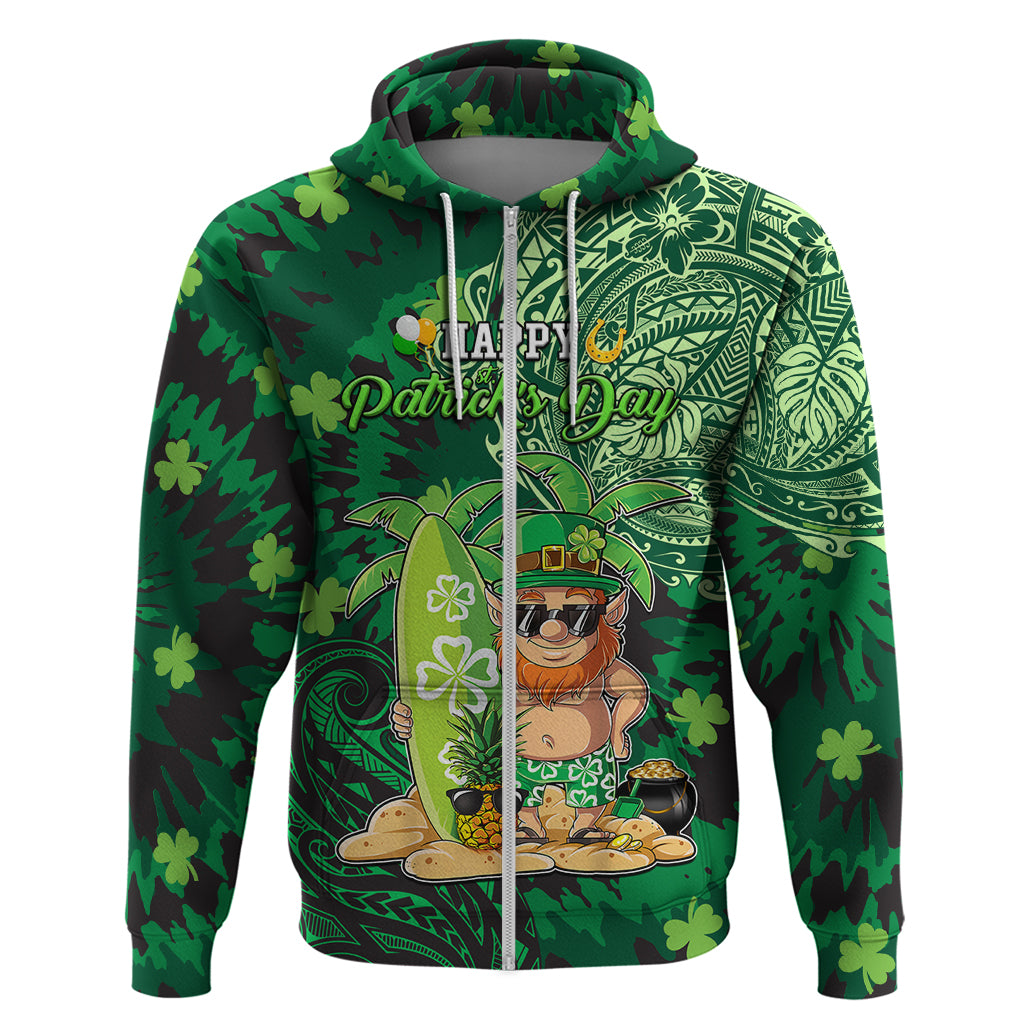Personalised Hawaii St.Patrick Day Zip Hoodie Surfing Leprechaun LT05 Zip Hoodie Green - Polynesian Pride