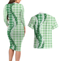 Green Hawaii Palaka Couples Matching Long Sleeve Bodycon Dress and Hawaiian Shirt Hawaiian Honohono Lei