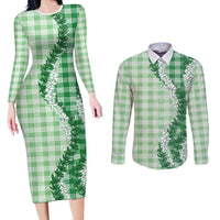 Green Hawaii Palaka Couples Matching Long Sleeve Bodycon Dress and Long Sleeve Button Shirt Hawaiian Honohono Lei