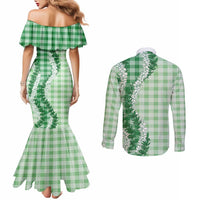 Green Hawaii Palaka Couples Matching Mermaid Dress and Long Sleeve Button Shirt Hawaiian Honohono Lei