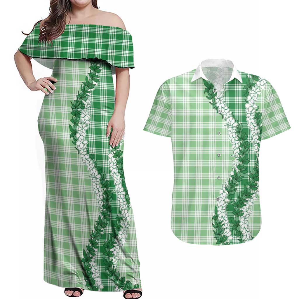 Green Hawaii Palaka Couples Matching Off Shoulder Maxi Dress and Hawaiian Shirt Hawaiian Honohono Lei