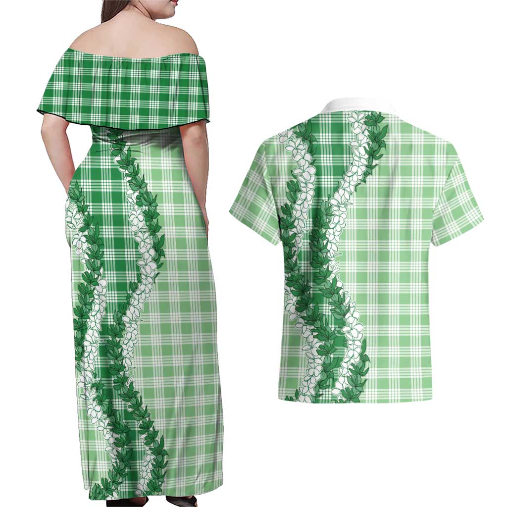 Green Hawaii Palaka Couples Matching Off Shoulder Maxi Dress and Hawaiian Shirt Hawaiian Honohono Lei