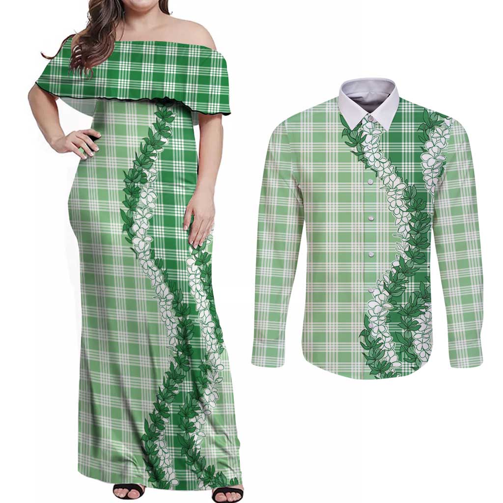 Green Hawaii Palaka Couples Matching Off Shoulder Maxi Dress and Long Sleeve Button Shirt Hawaiian Honohono Lei LT05 Green - Polynesian Pride