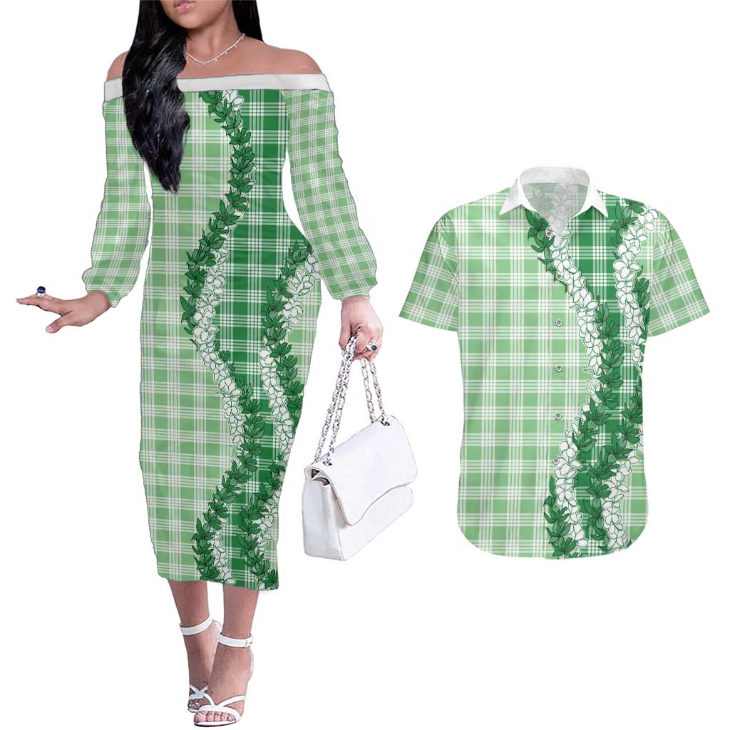 Green Hawaii Palaka Couples Matching Off The Shoulder Long Sleeve Dress and Hawaiian Shirt Hawaiian Honohono Lei LT05 Green - Polynesian Pride