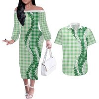 Green Hawaii Palaka Couples Matching Off The Shoulder Long Sleeve Dress and Hawaiian Shirt Hawaiian Honohono Lei