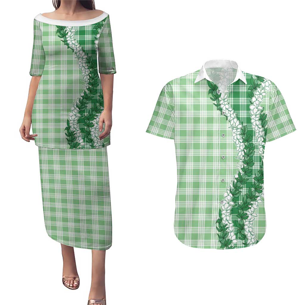 Green Hawaii Palaka Couples Matching Puletasi and Hawaiian Shirt Hawaiian Honohono Lei