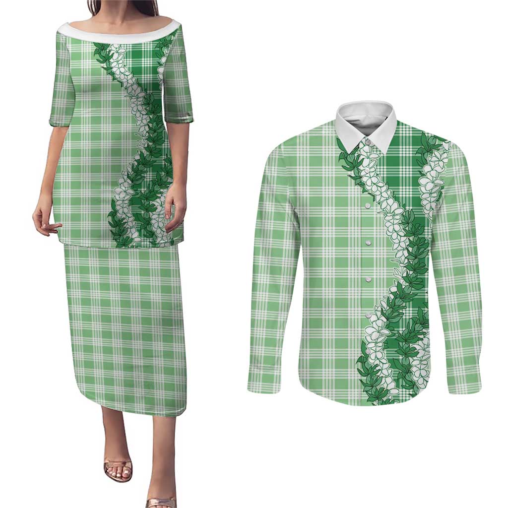 Green Hawaii Palaka Couples Matching Puletasi and Long Sleeve Button Shirt Hawaiian Honohono Lei