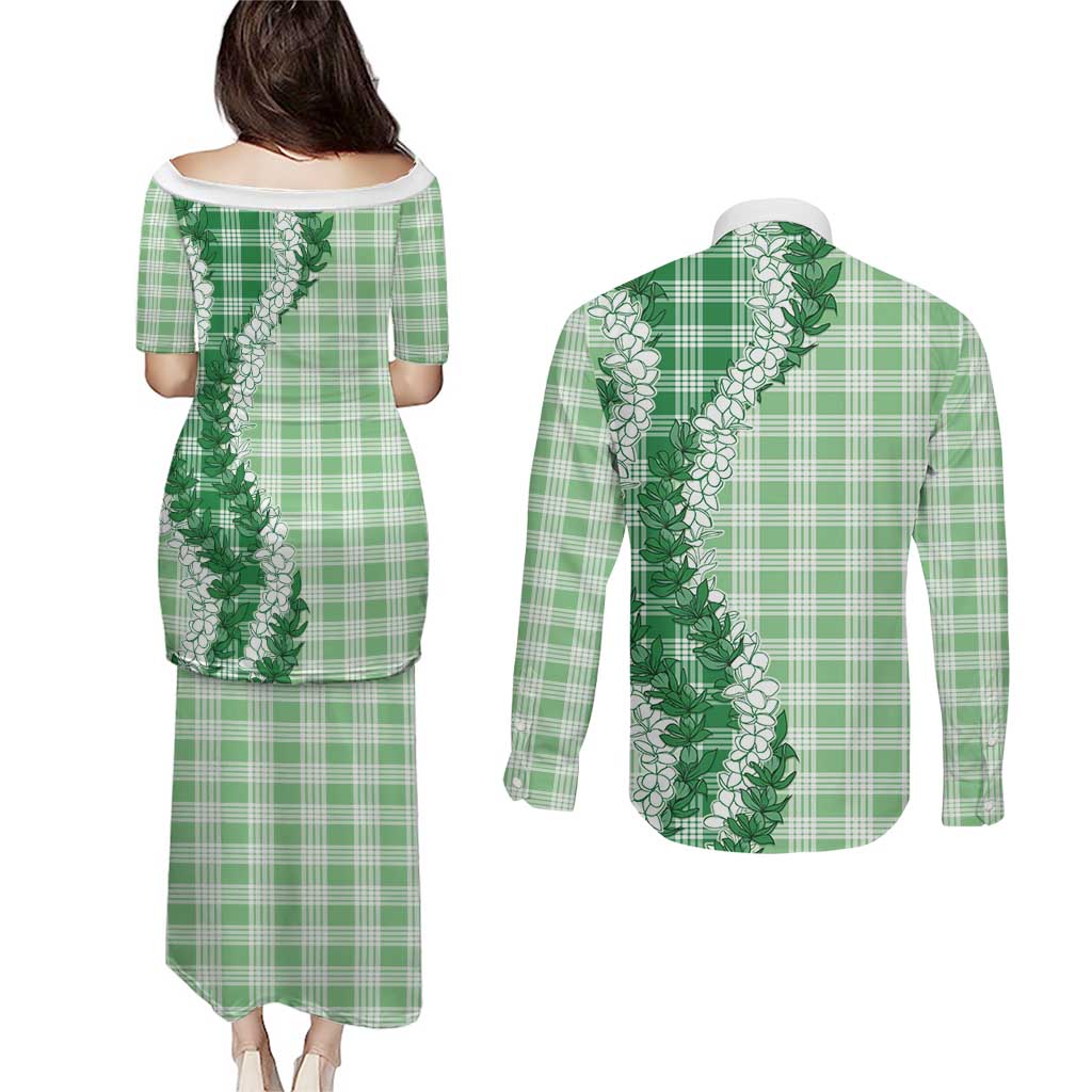 Green Hawaii Palaka Couples Matching Puletasi and Long Sleeve Button Shirt Hawaiian Honohono Lei