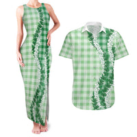 Green Hawaii Palaka Couples Matching Tank Maxi Dress and Hawaiian Shirt Hawaiian Honohono Lei