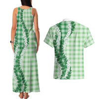 Green Hawaii Palaka Couples Matching Tank Maxi Dress and Hawaiian Shirt Hawaiian Honohono Lei