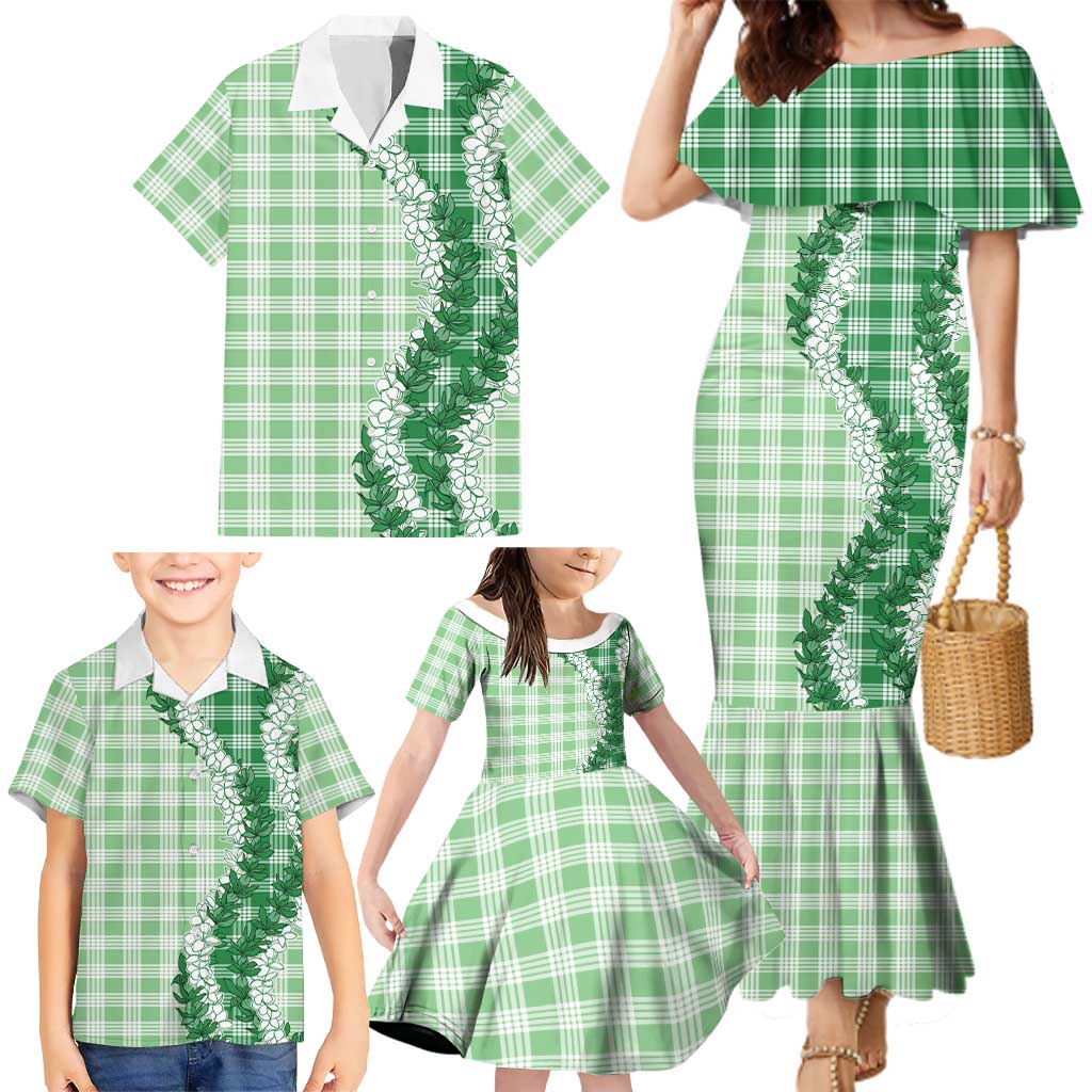 Green Hawaii Palaka Family Matching Mermaid Dress and Hawaiian Shirt Hawaiian Honohono Lei