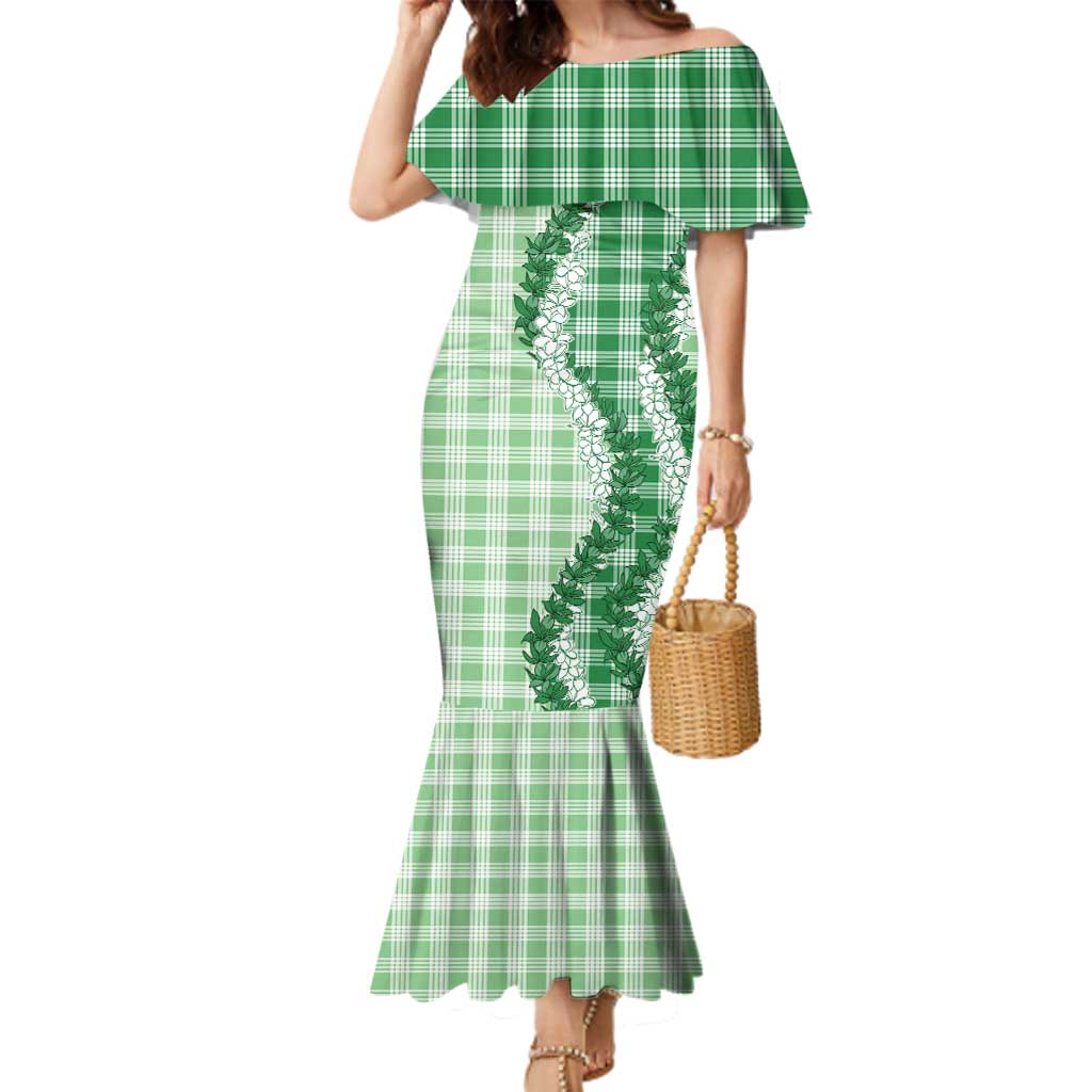Green Hawaii Palaka Family Matching Mermaid Dress and Hawaiian Shirt Hawaiian Honohono Lei