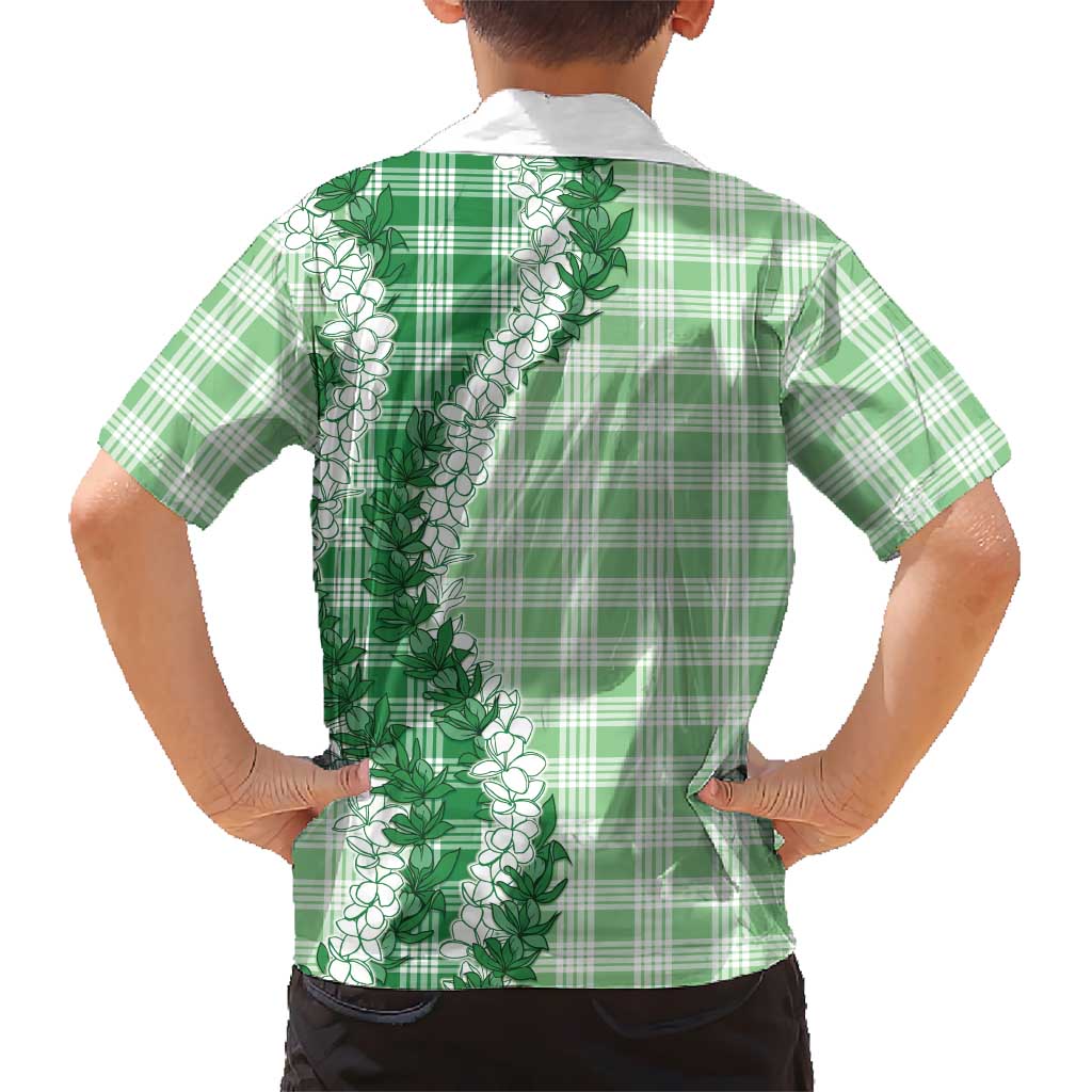 Green Hawaii Palaka Family Matching Off The Shoulder Long Sleeve Dress and Hawaiian Shirt Hawaiian Honohono Lei