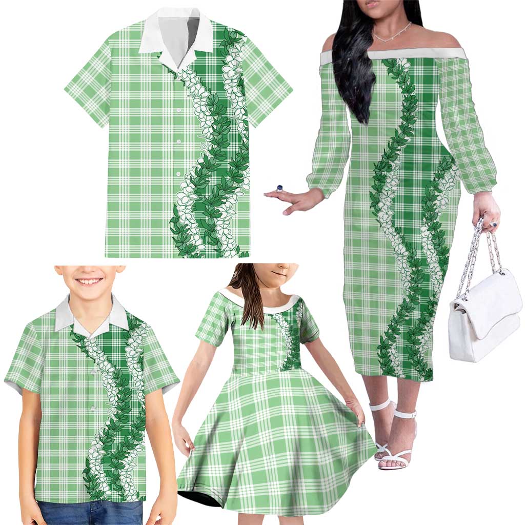 Green Hawaii Palaka Family Matching Off The Shoulder Long Sleeve Dress and Hawaiian Shirt Hawaiian Honohono Lei