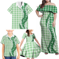 Green Hawaii Palaka Family Matching Off Shoulder Maxi Dress and Hawaiian Shirt Hawaiian Honohono Lei