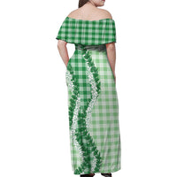 Green Hawaii Palaka Family Matching Off Shoulder Maxi Dress and Hawaiian Shirt Hawaiian Honohono Lei
