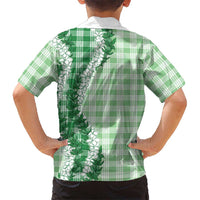Green Hawaii Palaka Family Matching Off Shoulder Short Dress and Hawaiian Shirt Hawaiian Honohono Lei