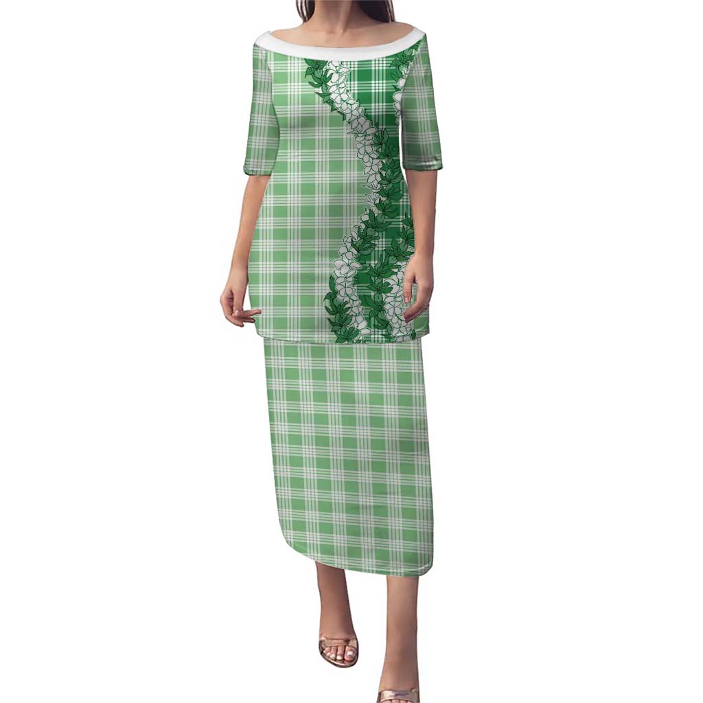 Green Hawaii Palaka Family Matching Puletasi and Hawaiian Shirt Hawaiian Honohono Lei