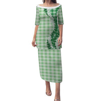 Green Hawaii Palaka Family Matching Puletasi and Hawaiian Shirt Hawaiian Honohono Lei