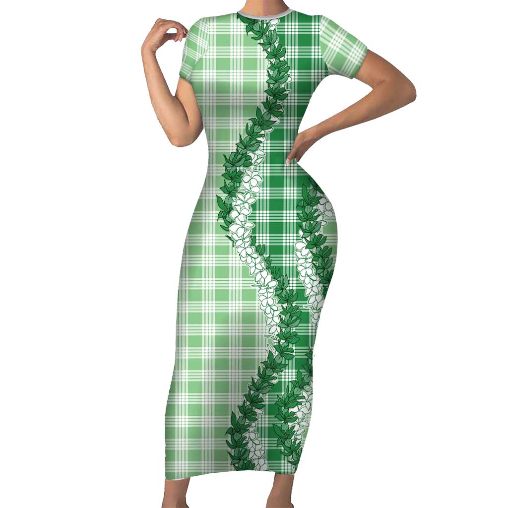 Green Hawaii Palaka Family Matching Short Sleeve Bodycon Dress and Hawaiian Shirt Hawaiian Honohono Lei