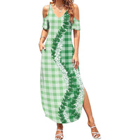 Green Hawaii Palaka Family Matching Summer Maxi Dress and Hawaiian Shirt Hawaiian Honohono Lei