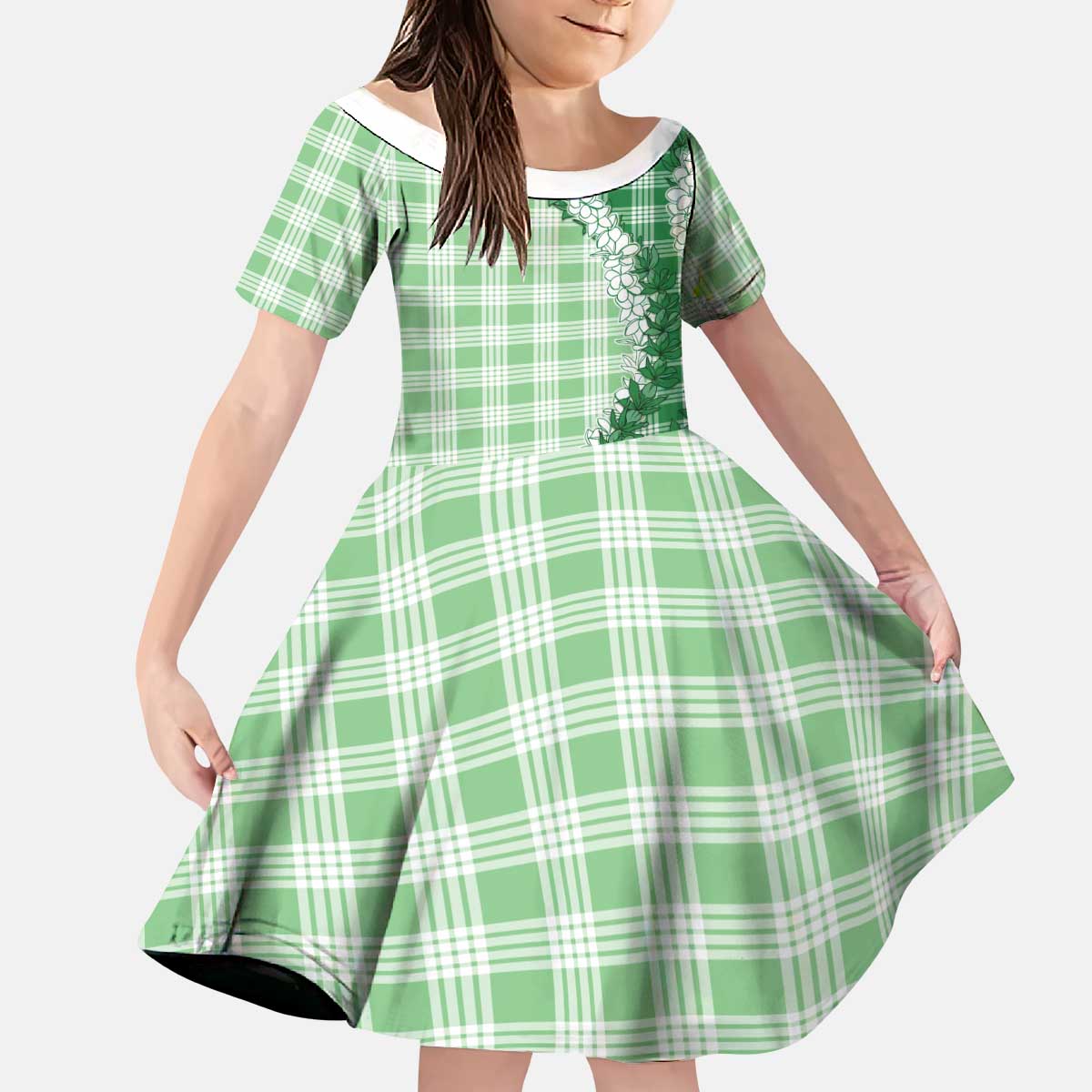 Green Hawaii Palaka Kid Short Sleeve Dress Hawaiian Honohono Lei