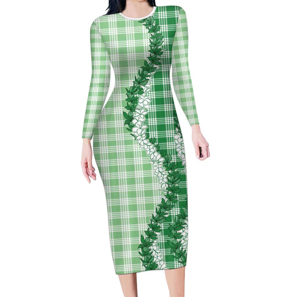 Green Hawaii Palaka Long Sleeve Bodycon Dress Hawaiian Honohono Lei LT05 Long Dress Green - Polynesian Pride