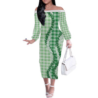 Green Hawaii Palaka Off The Shoulder Long Sleeve Dress Hawaiian Honohono Lei