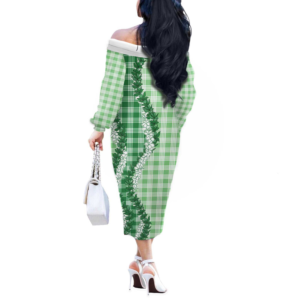 Green Hawaii Palaka Off The Shoulder Long Sleeve Dress Hawaiian Honohono Lei
