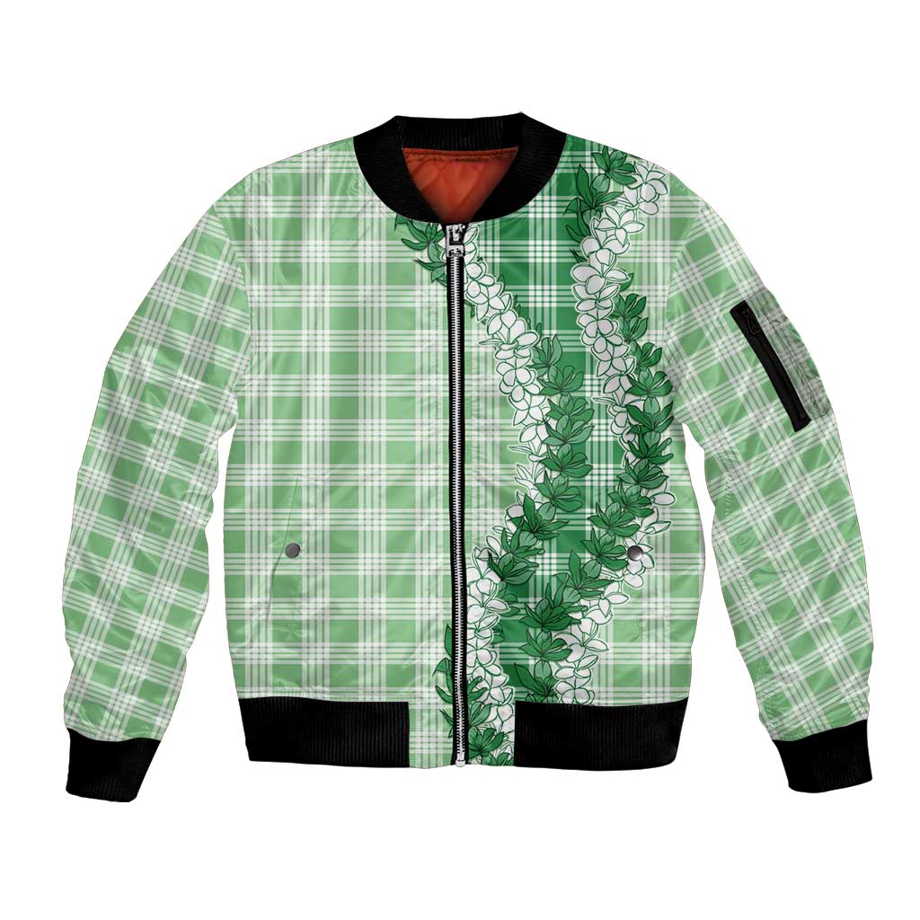 Green Hawaii Palaka Sleeve Zip Bomber Jacket Hawaiian Honohono Lei