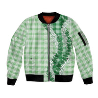 Green Hawaii Palaka Sleeve Zip Bomber Jacket Hawaiian Honohono Lei