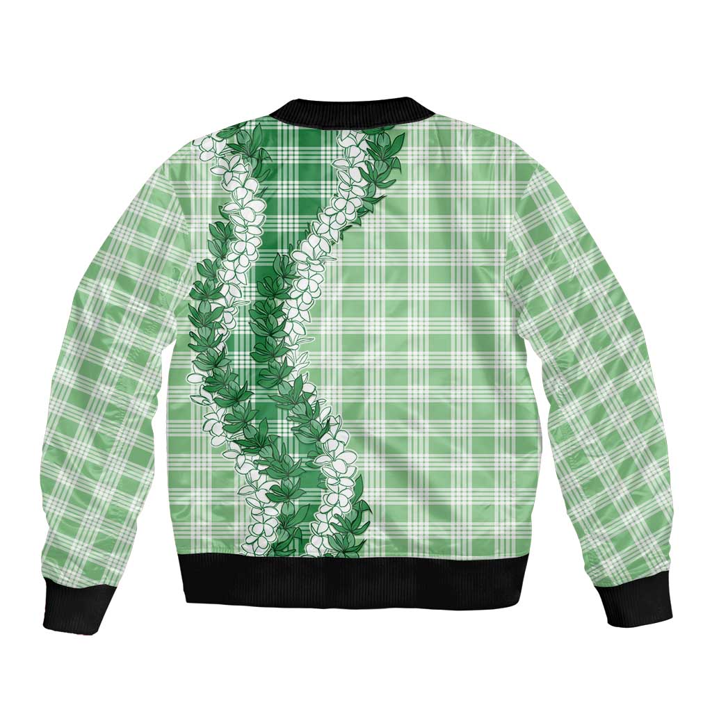 Green Hawaii Palaka Sleeve Zip Bomber Jacket Hawaiian Honohono Lei