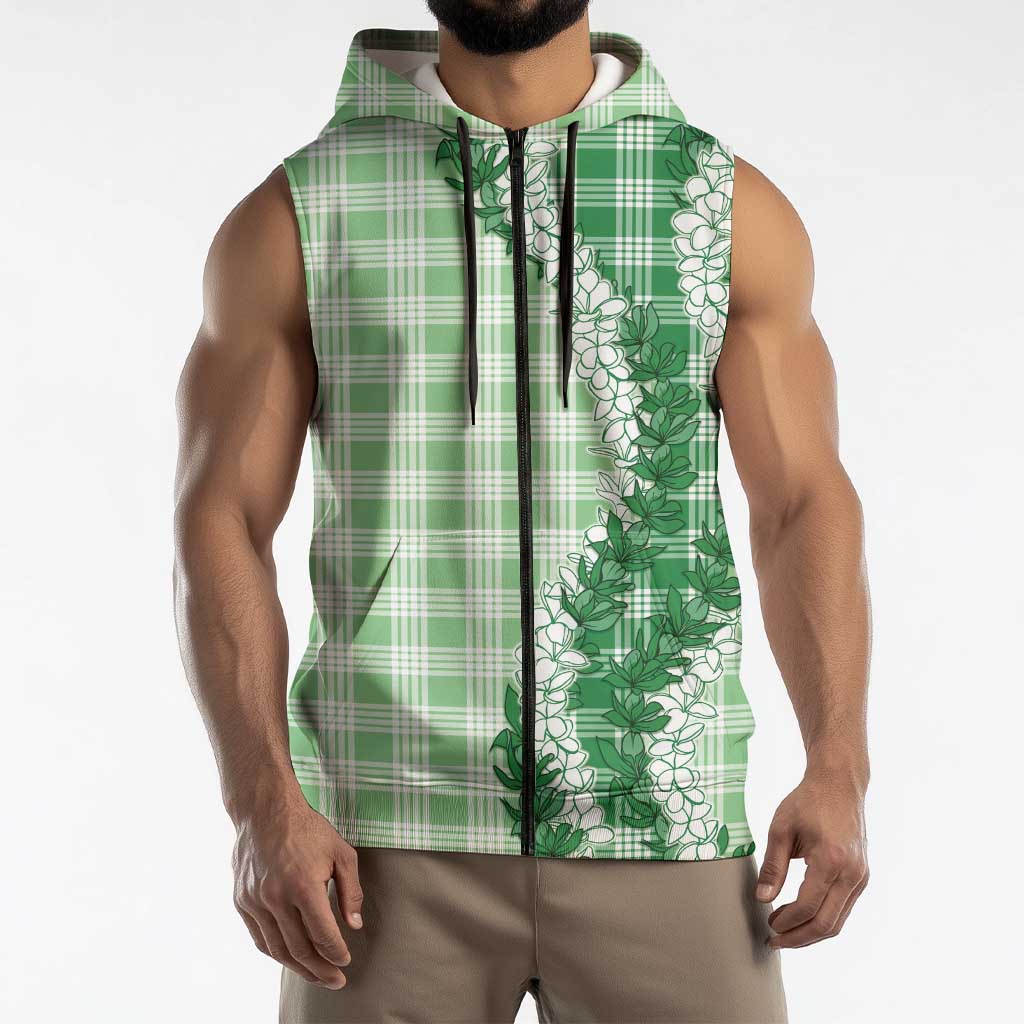 Green Hawaii Palaka Sleeveless Zip Hoodie Hawaiian Honohono Lei