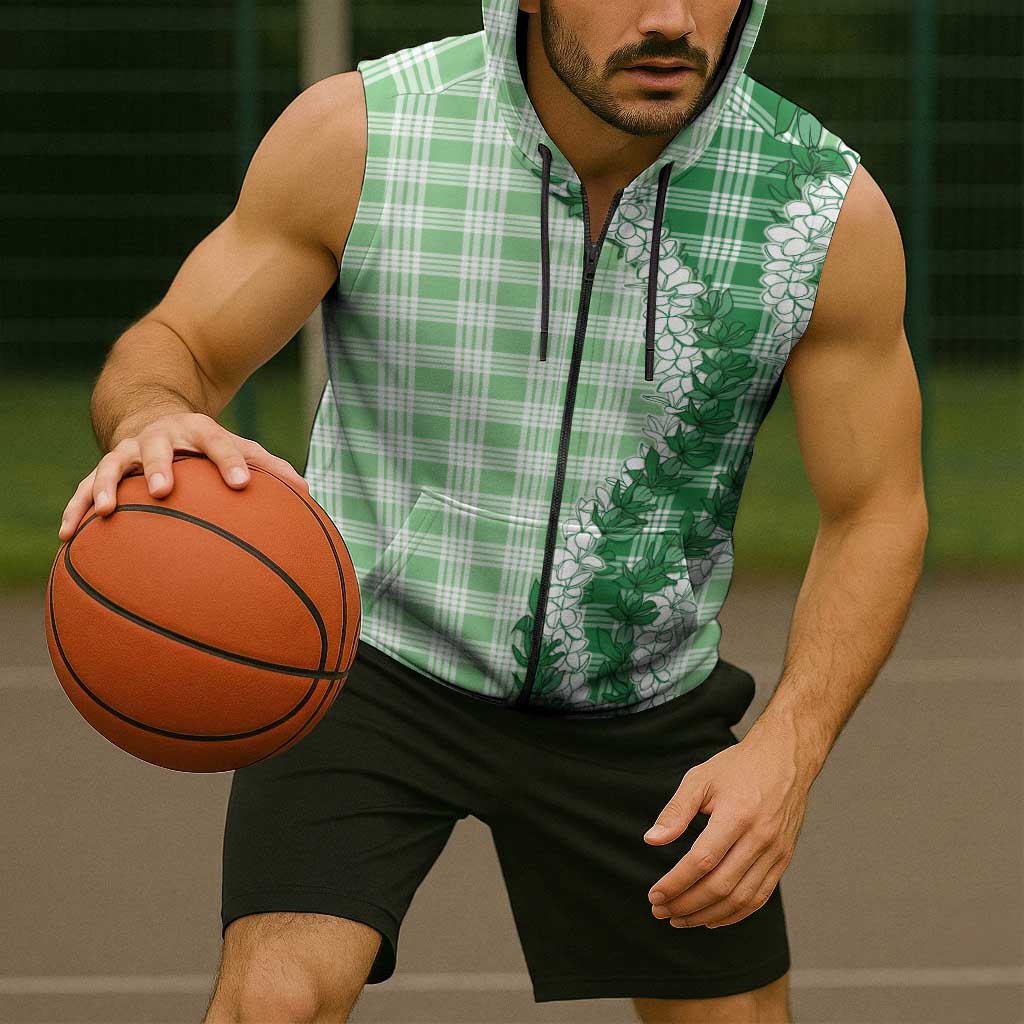 Green Hawaii Palaka Sleeveless Zip Hoodie Hawaiian Honohono Lei