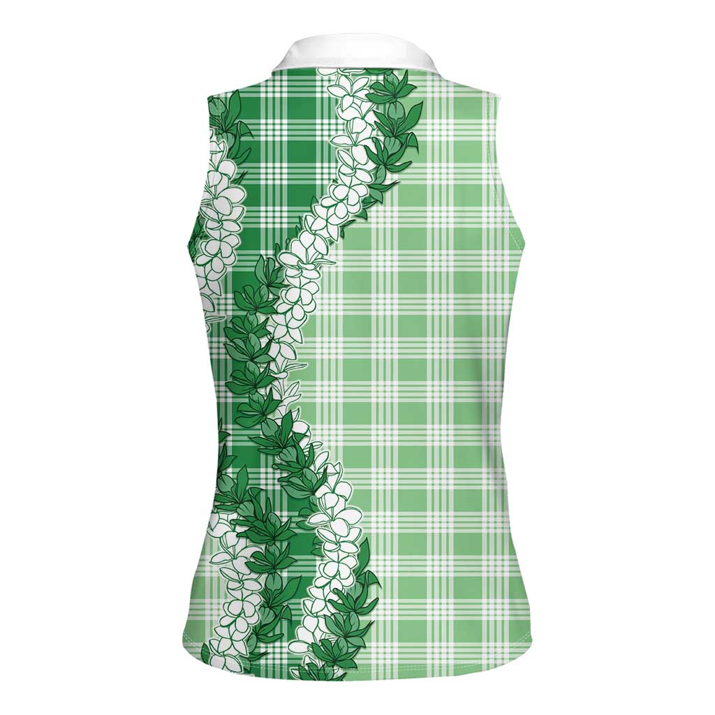Green Hawaii Palaka Women Sleeveless Polo Shirt Hawaiian Honohono Lei