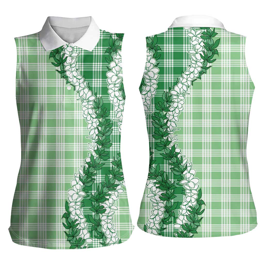 Green Hawaii Palaka Women Sleeveless Polo Shirt Hawaiian Honohono Lei