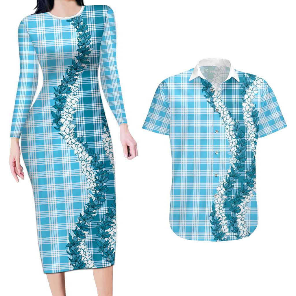 Blue Hawaii Palaka Couples Matching Long Sleeve Bodycon Dress and Hawaiian Shirt Hawaiian Honohono Lei LT05 Blue - Polynesian Pride