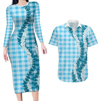 Blue Hawaii Palaka Couples Matching Long Sleeve Bodycon Dress and Hawaiian Shirt Hawaiian Honohono Lei