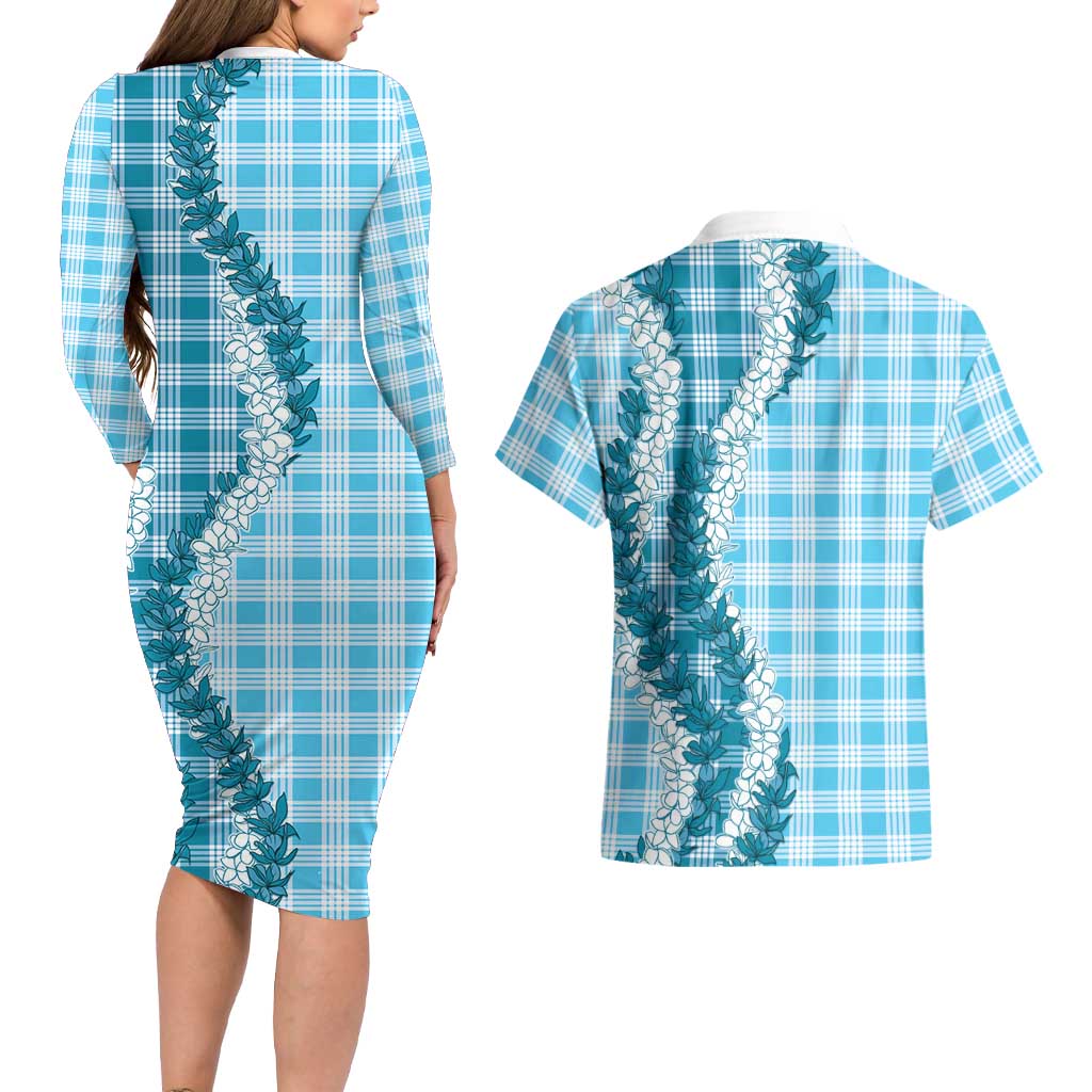 Blue Hawaii Palaka Couples Matching Long Sleeve Bodycon Dress and Hawaiian Shirt Hawaiian Honohono Lei