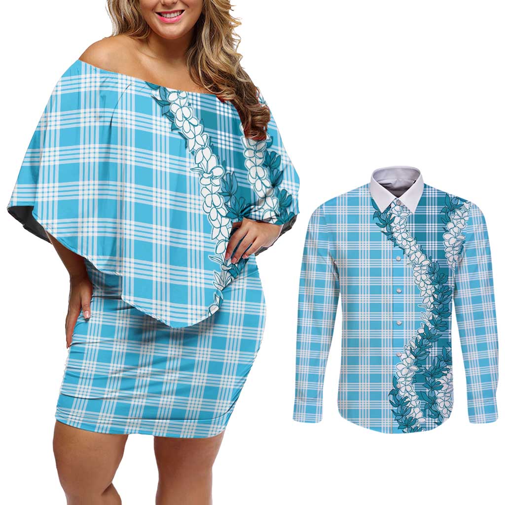 Blue Hawaii Palaka Couples Matching Off Shoulder Short Dress and Long Sleeve Button Shirt Hawaiian Honohono Lei