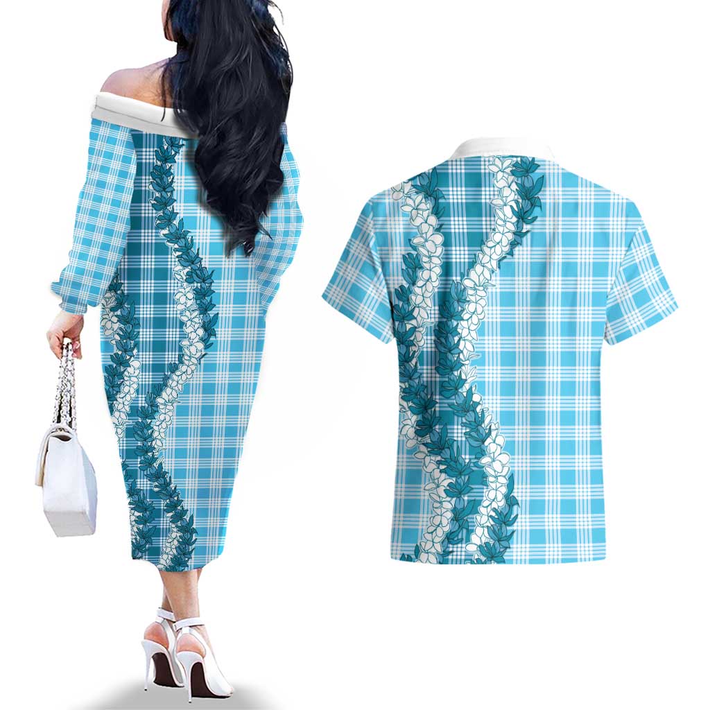 Blue Hawaii Palaka Couples Matching Off The Shoulder Long Sleeve Dress and Hawaiian Shirt Hawaiian Honohono Lei