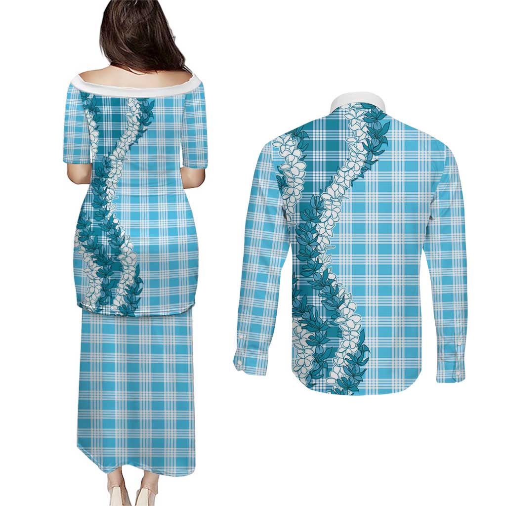 Blue Hawaii Palaka Couples Matching Puletasi and Long Sleeve Button Shirt Hawaiian Honohono Lei LT05 - Polynesian Pride