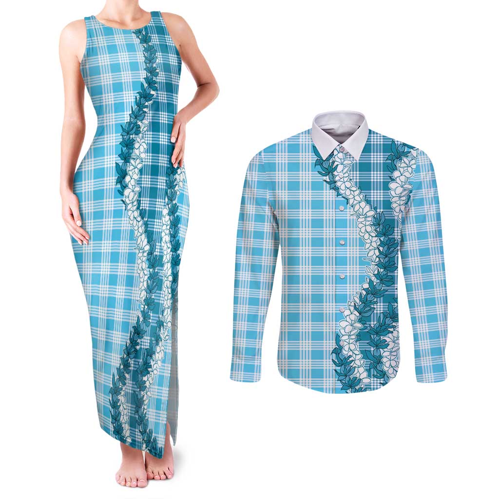 Blue Hawaii Palaka Couples Matching Tank Maxi Dress and Long Sleeve Button Shirt Hawaiian Honohono Lei