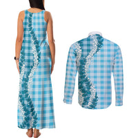 Blue Hawaii Palaka Couples Matching Tank Maxi Dress and Long Sleeve Button Shirt Hawaiian Honohono Lei