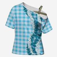 Blue Hawaii Palaka Cross Shoulder Shirt Hawaiian Honohono Lei LT05 Female Blue - Polynesian Pride